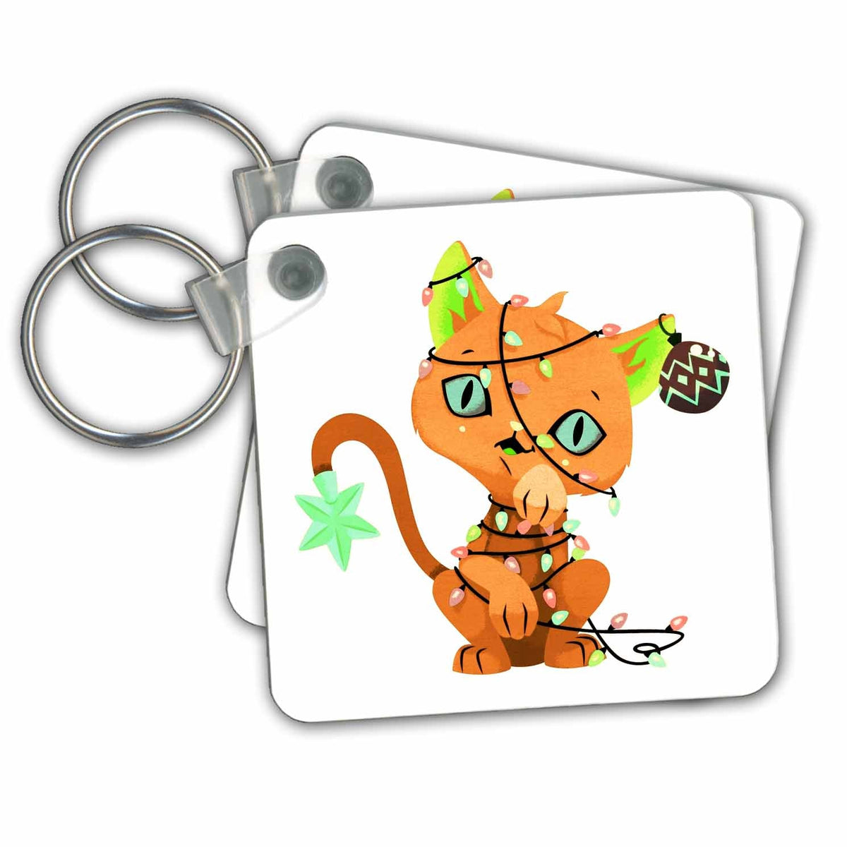 set of 2 Key Chains - Funny Orange Cat Playing With Ornaments Christmas Designs